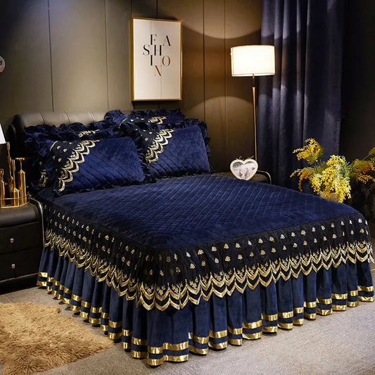 Vintage Bedspreads for Bed Velvet Queen King Size Bed Cover Soft Lace Quilted Fitted Sheet with 2 Pillowcases European 200x220cm