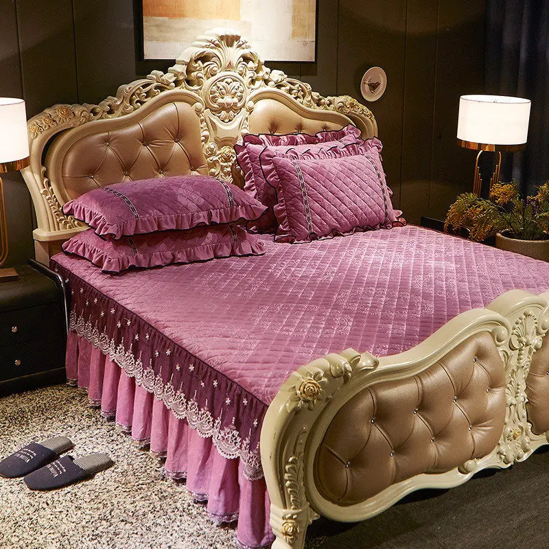AI WINSURE-Embroidery Lace Velvet Bedspread, Ruffle, Queen, Double Embossed, Quilted Bed Cover, King Bedskirt Set, Soft, 3Pcs