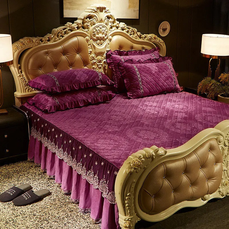 AI WINSURE-Embroidery Lace Velvet Bedspread, Ruffle, Queen, Double Embossed, Quilted Bed Cover, King Bedskirt Set, Soft, 3Pcs