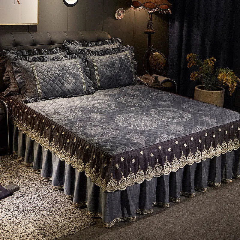AI WINSURE-Embroidery Lace Velvet Bedspread, Ruffle, Queen, Double Embossed, Quilted Bed Cover, King Bedskirt Set, Soft, 3Pcs