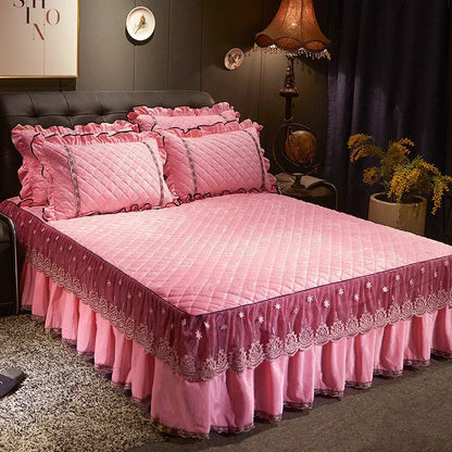 AI WINSURE-Embroidery Lace Velvet Bedspread, Ruffle, Queen, Double Embossed, Quilted Bed Cover, King Bedskirt Set, Soft, 3Pcs