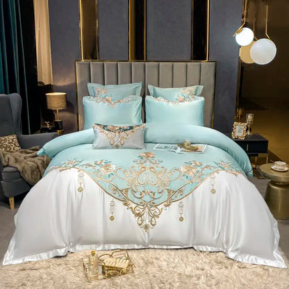 Green Satin Cotton Bedding Set Luxury Golden Embroidered Duvet Cover Flat/Fitted Bed Sheet Pillowcases Home Textile