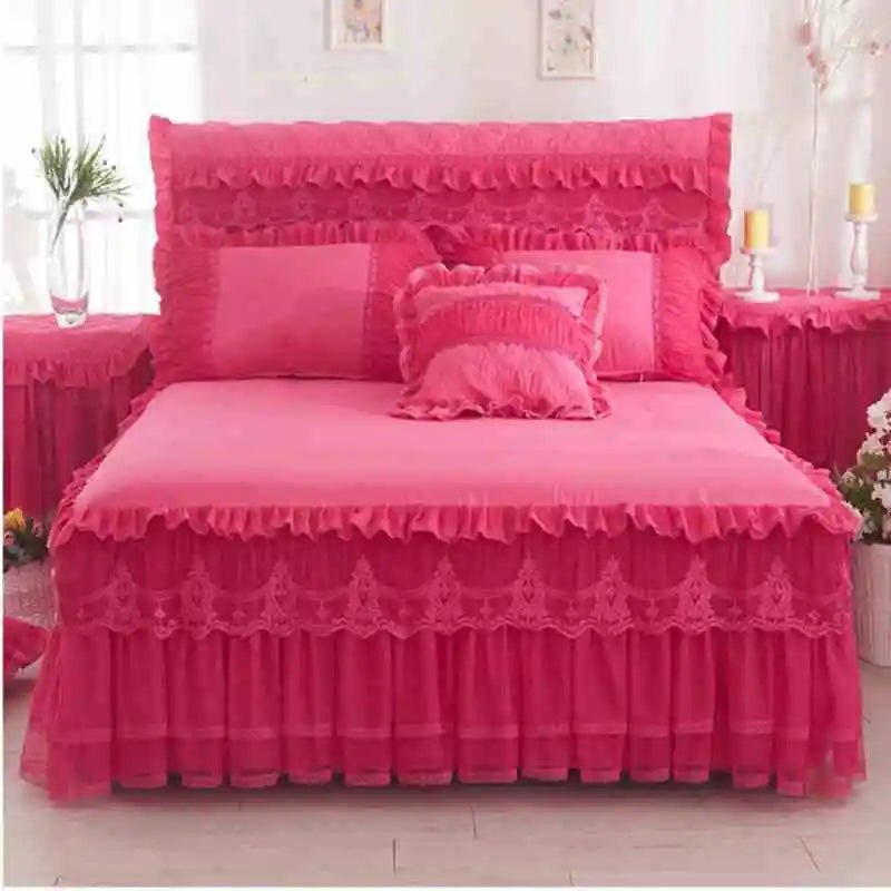 Korean Style Lace Princess Bedding Bed Skirt Pillowcases 100% Cotton Beige Bedspreads Bed Cover Solid Color Home Textile