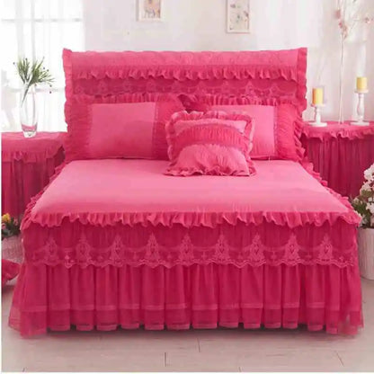 Korean Style Lace Princess Bedding Bed Skirt Pillowcases 100% Cotton Beige Bedspreads Bed Cover Solid Color Home Textile