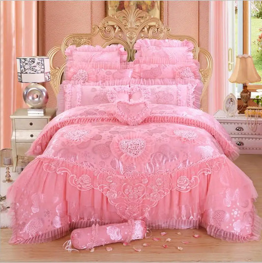 4/6/8pcs Red Pink Lace Princess Bedding Set Luxury Girls Wedding Bed Set Quilt Cover Bed Sheets Queen King Size 2025 New Design