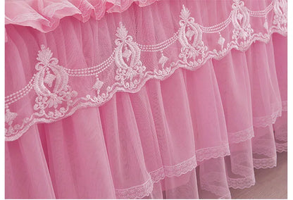 Korean Style Lace Princess Bedding Bed Skirt Pillowcases 100% Cotton Beige Bedspreads Bed Cover Solid Color Home Textile