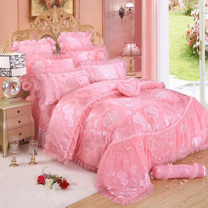 4/6/8pcs Red Pink Lace Princess Bedding Set Luxury Girls Wedding Bed Set Quilt Cover Bed Sheets Queen King Size 2025 New Design