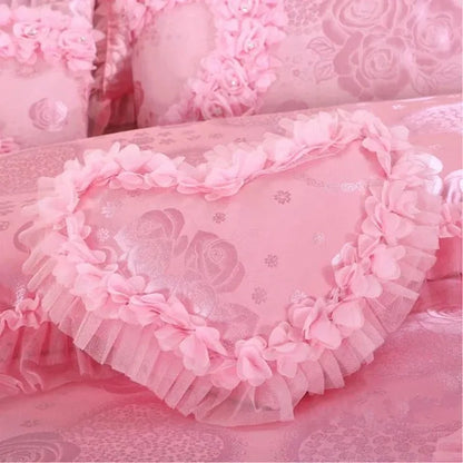 4/6/8pcs Red Pink Lace Princess Bedding Set Luxury Girls Wedding Bed Set Quilt Cover Bed Sheets Queen King Size 2025 New Design