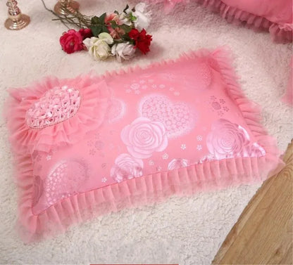 4/6/8pcs Red Pink Lace Princess Bedding Set Luxury Girls Wedding Bed Set Quilt Cover Bed Sheets Queen King Size 2025 New Design
