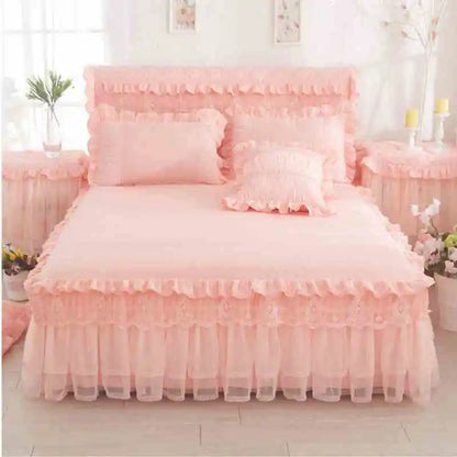 Korean Style Lace Princess Bedding Bed Skirt Pillowcases 100% Cotton Beige Bedspreads Bed Cover Solid Color Home Textile