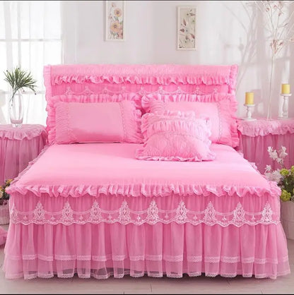 Korean Style Lace Princess Bedding Bed Skirt Pillowcases 100% Cotton Beige Bedspreads Bed Cover Solid Color Home Textile
