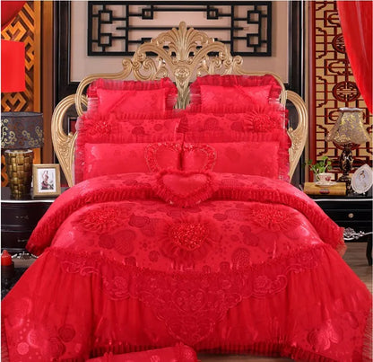 4/6/8pcs Red Pink Lace Princess Bedding Set Luxury Girls Wedding Bed Set Quilt Cover Bed Sheets Queen King Size 2025 New Design