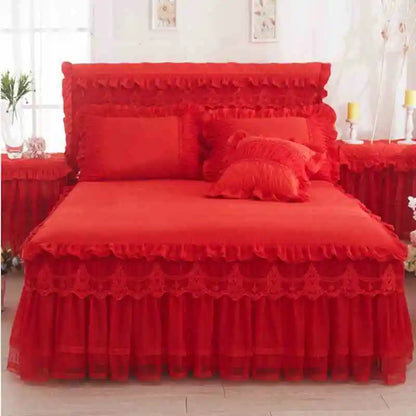 Korean Style Lace Princess Bedding Bed Skirt Pillowcases 100% Cotton Beige Bedspreads Bed Cover Solid Color Home Textile