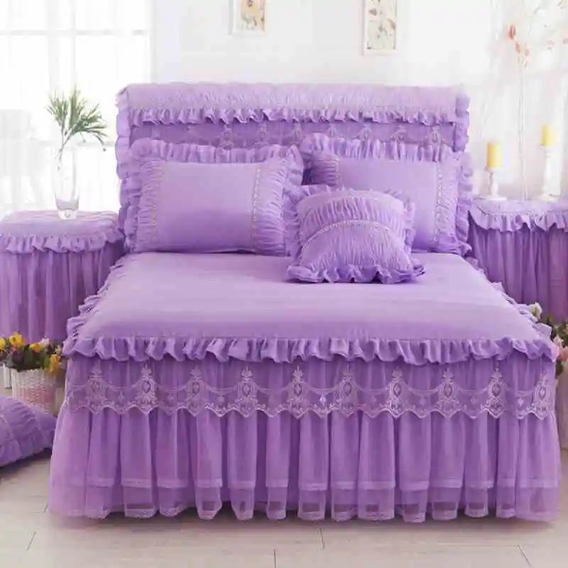 Korean Style Lace Princess Bedding Bed Skirt Pillowcases 100% Cotton Beige Bedspreads Bed Cover Solid Color Home Textile