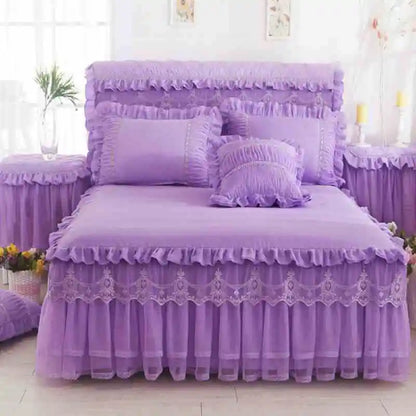 Korean Style Lace Princess Bedding Bed Skirt Pillowcases 100% Cotton Beige Bedspreads Bed Cover Solid Color Home Textile