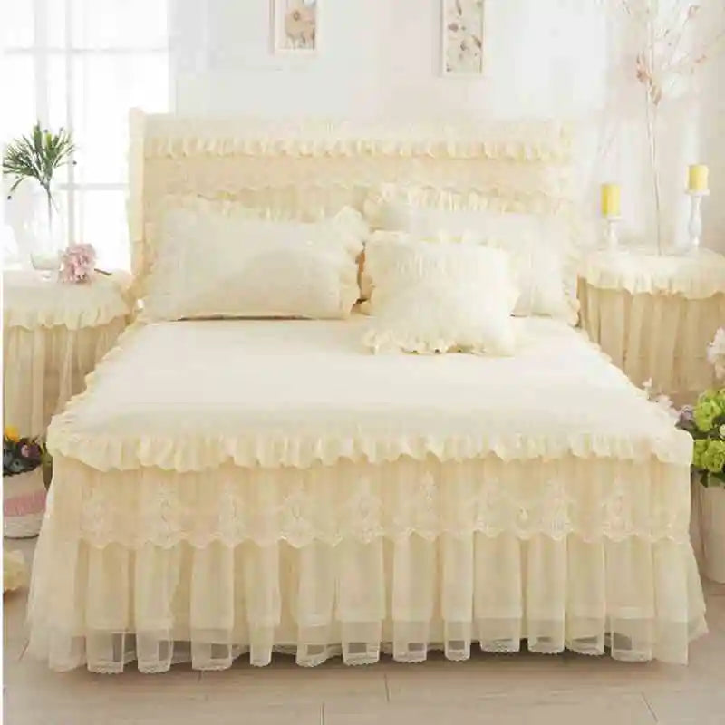 Korean Style Lace Princess Bedding Bed Skirt Pillowcases 100% Cotton Beige Bedspreads Bed Cover Solid Color Home Textile