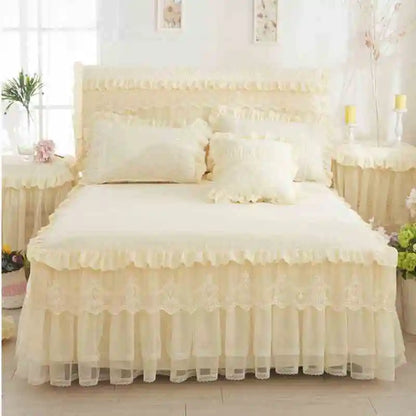 Korean Style Lace Princess Bedding Bed Skirt Pillowcases 100% Cotton Beige Bedspreads Bed Cover Solid Color Home Textile