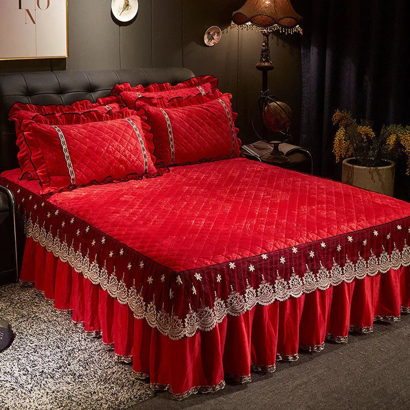 AI WINSURE-Embroidery Lace Velvet Bedspread, Ruffle, Queen, Double Embossed, Quilted Bed Cover, King Bedskirt Set, Soft, 3Pcs