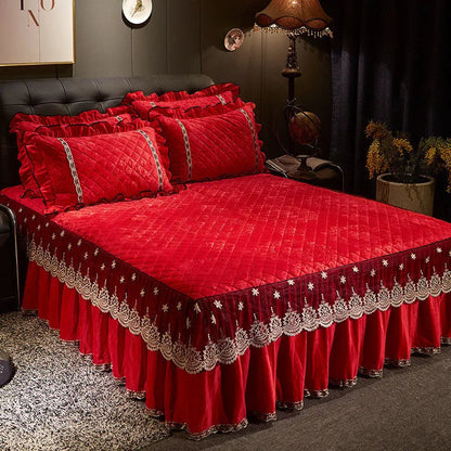 AI WINSURE-Embroidery Lace Velvet Bedspread, Ruffle, Queen, Double Embossed, Quilted Bed Cover, King Bedskirt Set, Soft, 3Pcs
