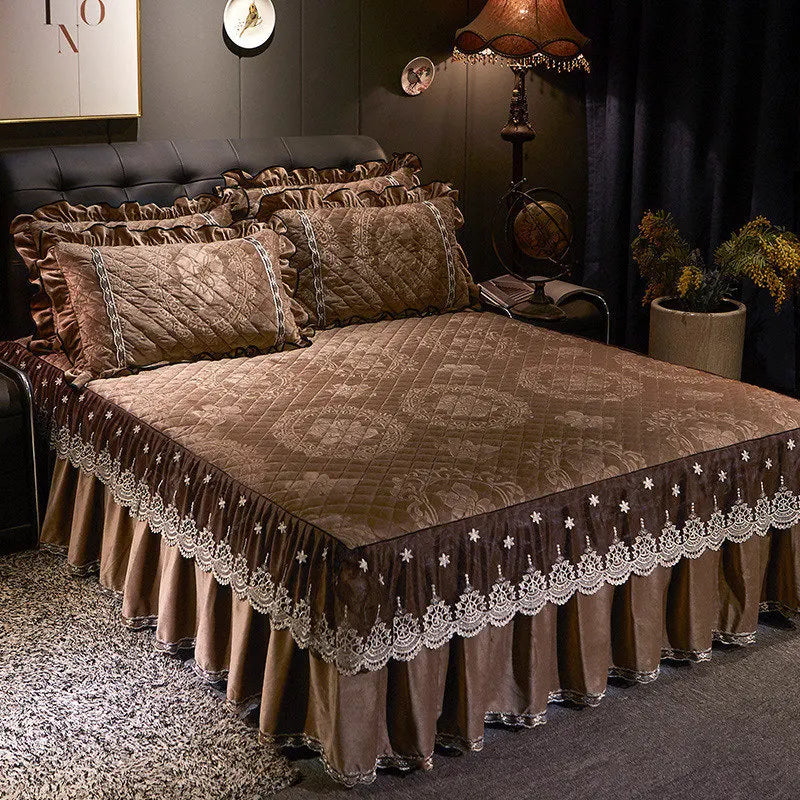 AI WINSURE-Embroidery Lace Velvet Bedspread, Ruffle, Queen, Double Embossed, Quilted Bed Cover, King Bedskirt Set, Soft, 3Pcs