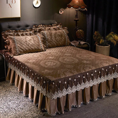 AI WINSURE-Embroidery Lace Velvet Bedspread, Ruffle, Queen, Double Embossed, Quilted Bed Cover, King Bedskirt Set, Soft, 3Pcs