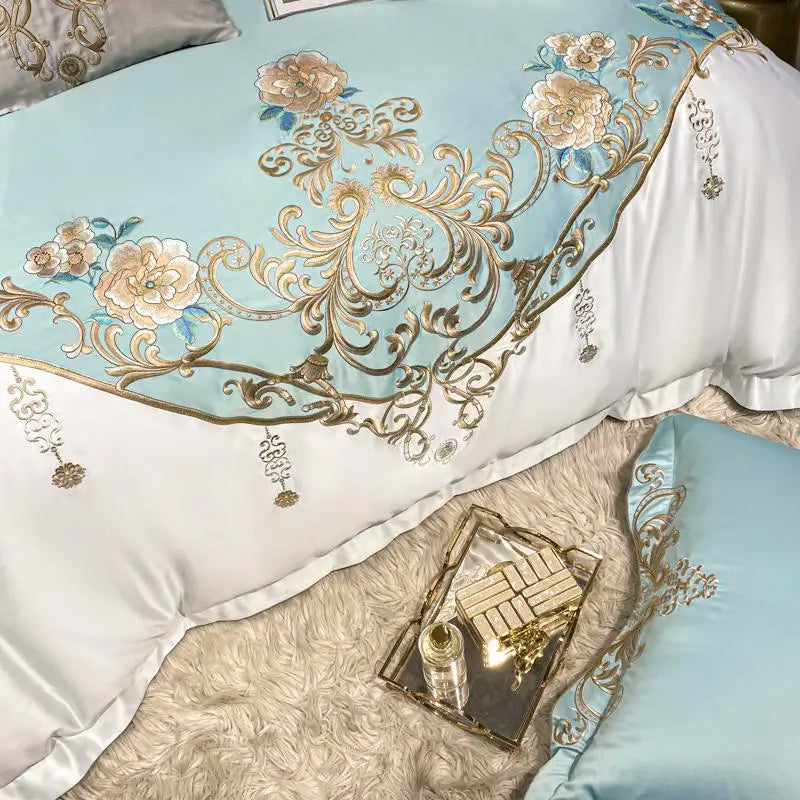 Green Satin Cotton Bedding Set Luxury Golden Embroidered Duvet Cover Flat/Fitted Bed Sheet Pillowcases Home Textile
