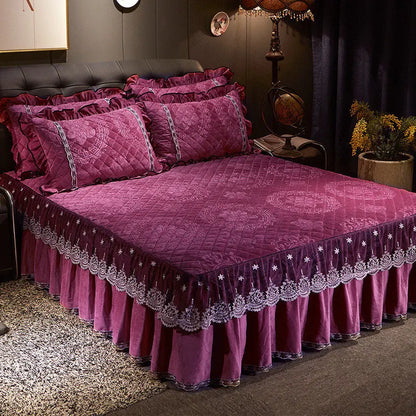 AI WINSURE-Embroidery Lace Velvet Bedspread, Ruffle, Queen, Double Embossed, Quilted Bed Cover, King Bedskirt Set, Soft, 3Pcs