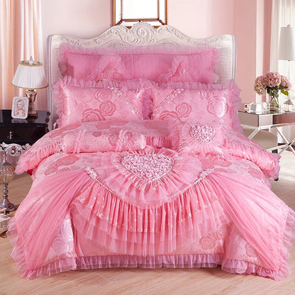 Red Jacquard Satin Cotton Bedding Set Luxury Heart-shaped Lace Princess Wedding Duvet Cover Bed Sheet Bedspread Pillowcases