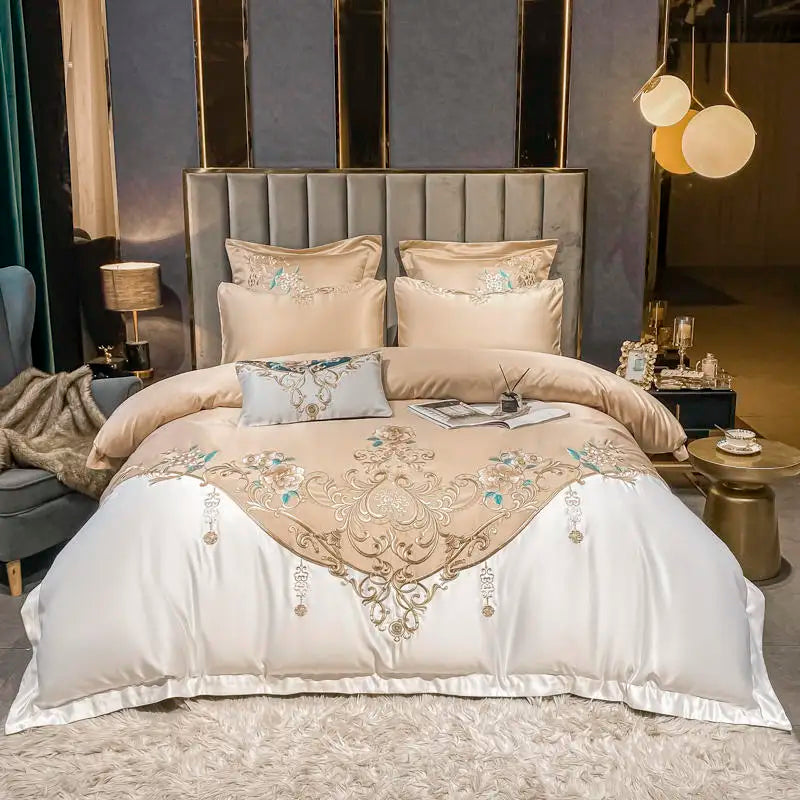 Green Satin Cotton Bedding Set Luxury Golden Embroidered Duvet Cover Flat/Fitted Bed Sheet Pillowcases Home Textile