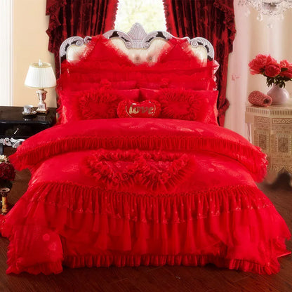 4/6/8pcs Red Pink Lace Princess Bedding Set Luxury Girls Wedding Bed Set Quilt Cover Bed Sheets Queen King Size 2025 New Design