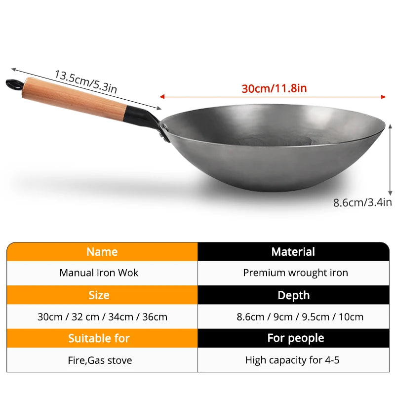 30cm Handmade Chinese Cast Iron Wok Smokless Cookware Uncoated Iron Pot Frying Pan Non-Stick kitchen Pot skillet Wok