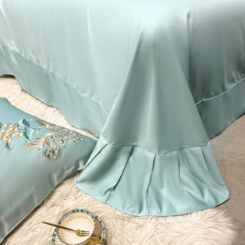 Green Satin Cotton Bedding Set Luxury Golden Embroidered Duvet Cover Flat/Fitted Bed Sheet Pillowcases Home Textile