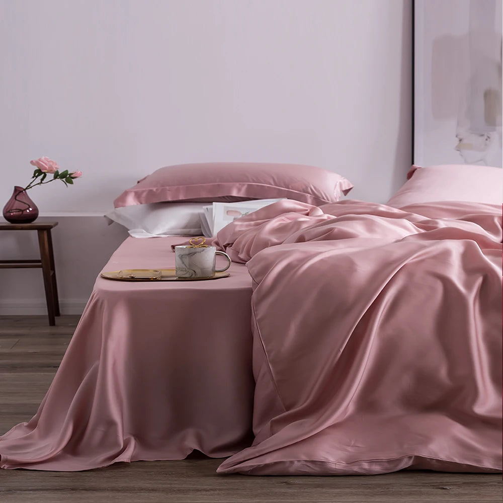Liv-Esthete Summer Top Grade Nature 100% Silk Pink Bedding Set Women Bed Sheet Quilt Cover Set Pillowcase Queen King Bed Set