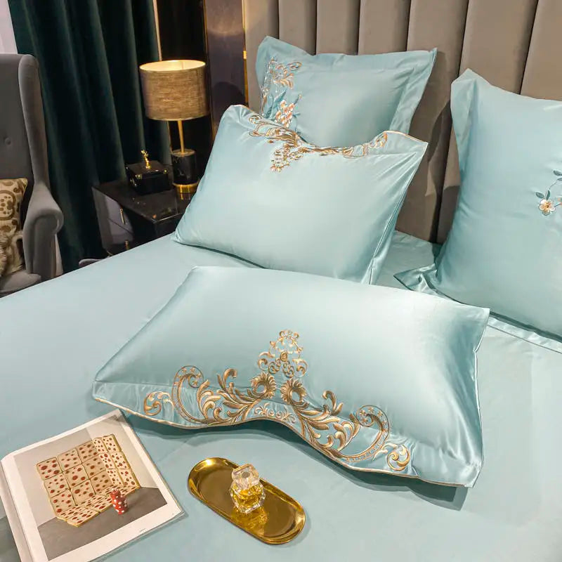 Green Satin Cotton Bedding Set Luxury Golden Embroidered Duvet Cover Flat/Fitted Bed Sheet Pillowcases Home Textile