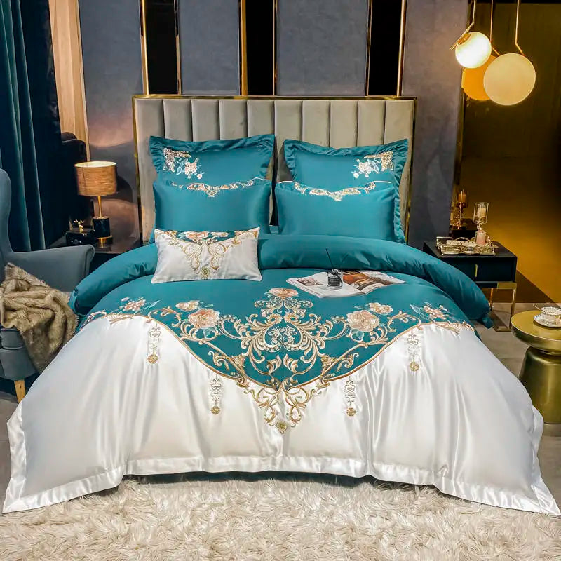 Green Satin Cotton Bedding Set Luxury Golden Embroidered Duvet Cover Flat/Fitted Bed Sheet Pillowcases Home Textile