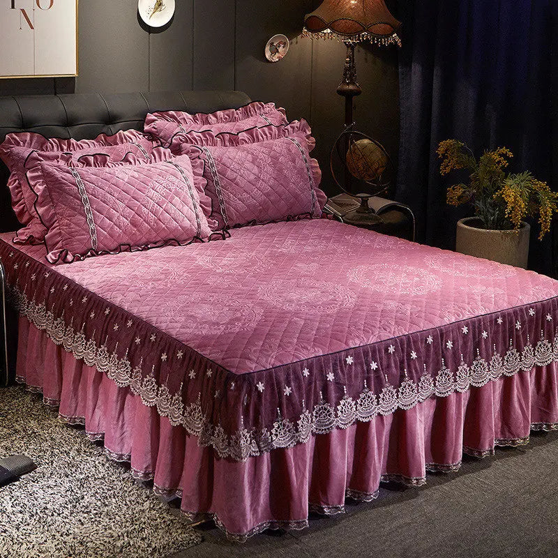 AI WINSURE-Embroidery Lace Velvet Bedspread, Ruffle, Queen, Double Embossed, Quilted Bed Cover, King Bedskirt Set, Soft, 3Pcs