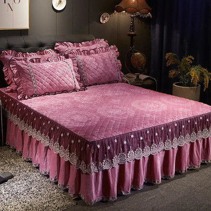 AI WINSURE-Embroidery Lace Velvet Bedspread, Ruffle, Queen, Double Embossed, Quilted Bed Cover, King Bedskirt Set, Soft, 3Pcs