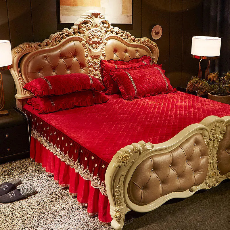 AI WINSURE-Embroidery Lace Velvet Bedspread, Ruffle, Queen, Double Embossed, Quilted Bed Cover, King Bedskirt Set, Soft, 3Pcs