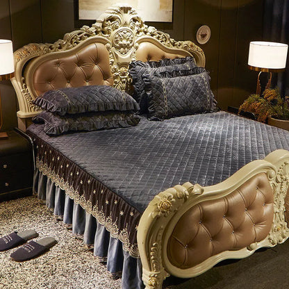 AI WINSURE-Embroidery Lace Velvet Bedspread, Ruffle, Queen, Double Embossed, Quilted Bed Cover, King Bedskirt Set, Soft, 3Pcs