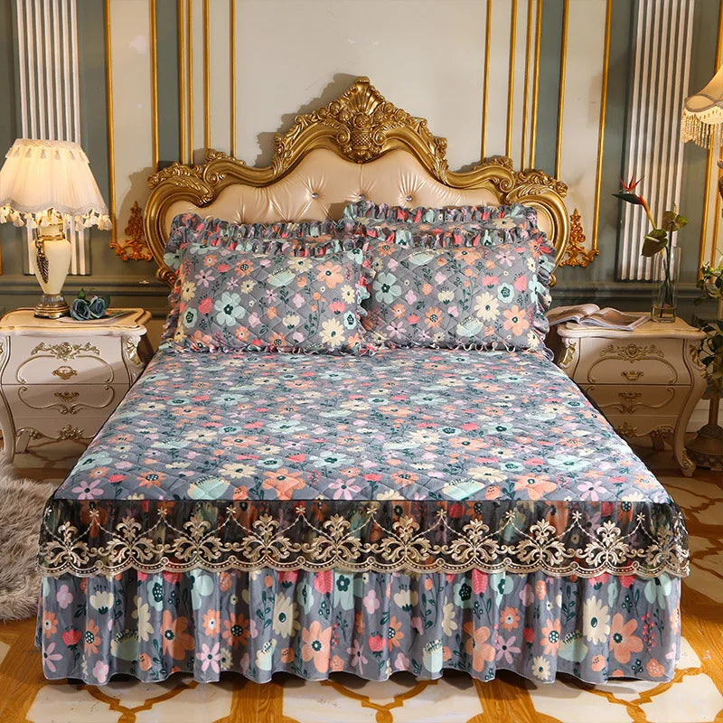 High Quality Thicken Fine Short Plush Quilted Bed Skirt King Queen Size Warm Velvet Bedspread Not Including Pillowcase