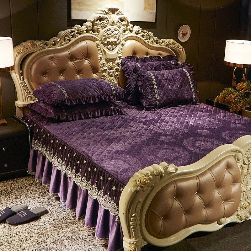 AI WINSURE-Embroidery Lace Velvet Bedspread, Ruffle, Queen, Double Embossed, Quilted Bed Cover, King Bedskirt Set, Soft, 3Pcs