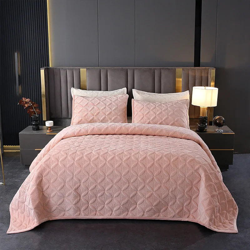 Winter Soft Plush Quilt Set King/Queen Size 3PCS - Embroidered Velvet Bedspread Warm Solid Color Coverlet for Home Decor
