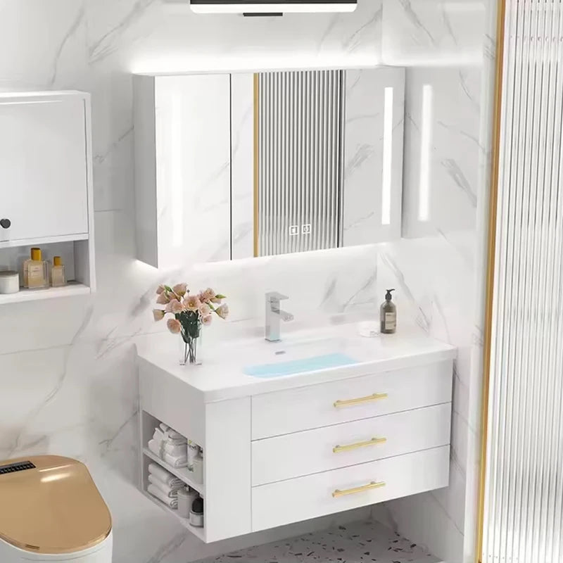 Modern Bathroom Storage Vanity Cabinet Wooden Bathroom Cabinet with Mirror Sink Wall Mounted for Hotel