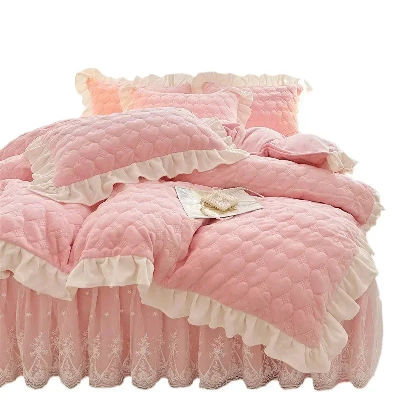 Full-set quilt cover bed skirt four-piece warm winter milk velvet bedspread 4-piece coral velvet bedspread