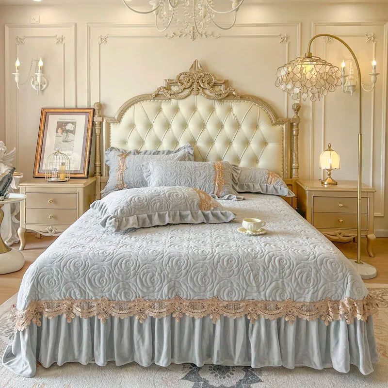 3/5Pcs Luxury Velvet Fleece Lace Ruffles Quilted Bedspread, Mattress Cover, Bed Skirt, Bed Sheet Set, With Pillowcases