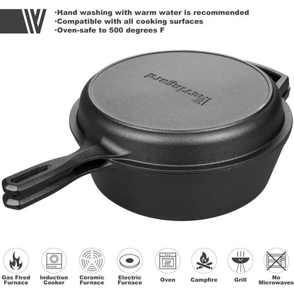 Cast Iron Double Dutch Oven Pot with Skillet Lid, Bread Baking, Outdoor, Campfire Cooking, 3 Quart