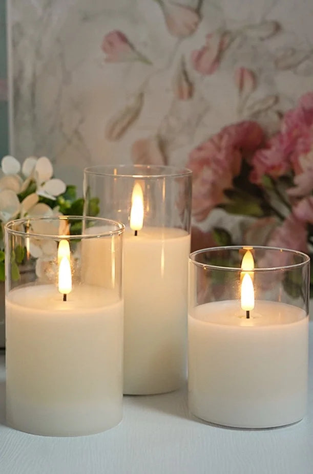 Set of 3 Flameless Rechargeable LED Candles Flickering Remote control w/charging cable Ivory/Gold/Gray Glass pillar candle lamp