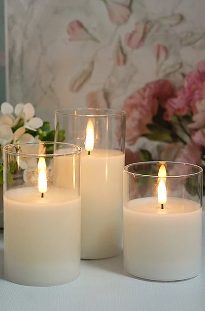 Set of 3 Flameless Rechargeable LED Candles Flickering Remote control w/charging cable Ivory/Gold/Gray Glass pillar candle lamp