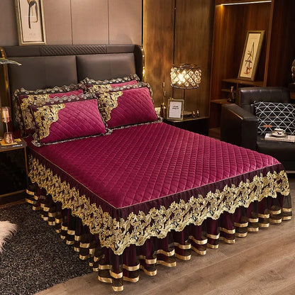 Gold Embroidery Velvet Quilted Thicken Bedspread Queen King Size Soft Warm Lace Ruffle Bed Skirt 2 Pillowcases 200x220 Green