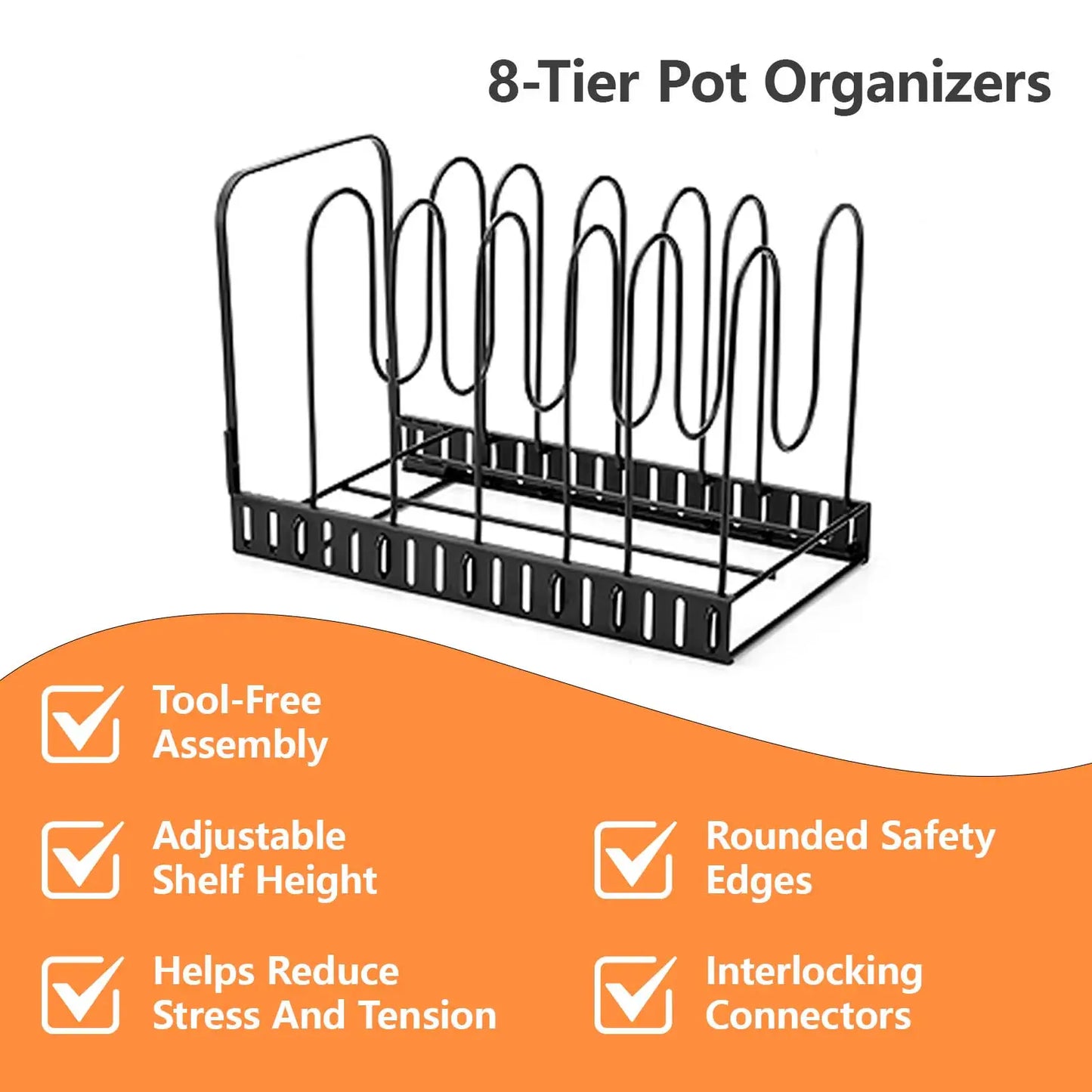 8-Tier Adjustable Pot Rack Organizer Rack Space-saving Cabinet Holder Durable Meta Adjustable Pots Pans lids Kitchen Tool